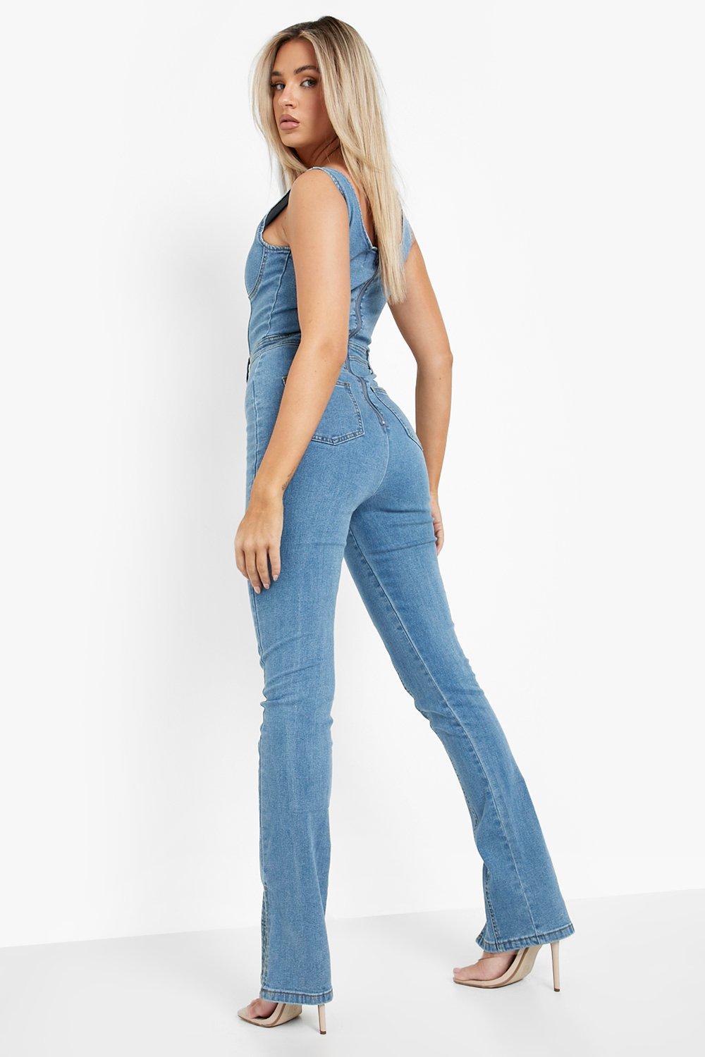 Corset Split Hem Denim Jumpsuit